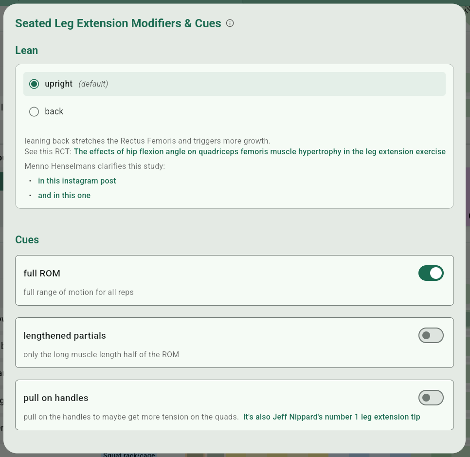 Exercise technique and modifier options interface